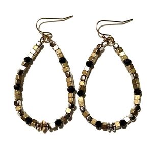 VINTAGE SHIMMERY SQUARE BEADED SILVER-TONE LARGE OVAL HOOK DROP 2.2" EARRINGS